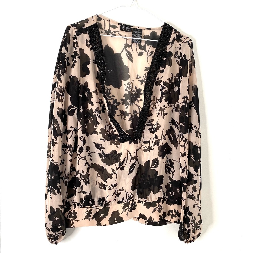 Nicole Miller Beaded Plunging Neck Floral Blouse